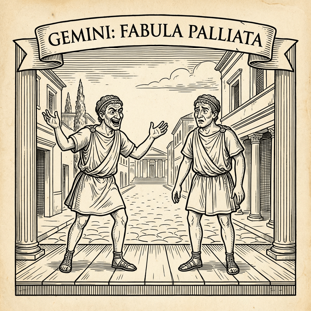 Woodcut illustration of two men in Roman tunics on a stage with text GEMINI: FABULA PALLIATA.