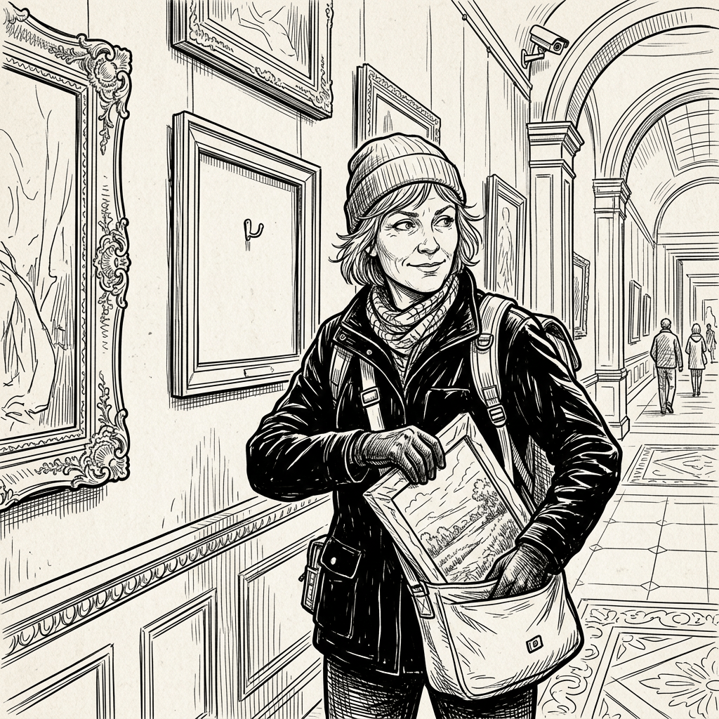 Person in winter clothing stealing a painting from a museum wall