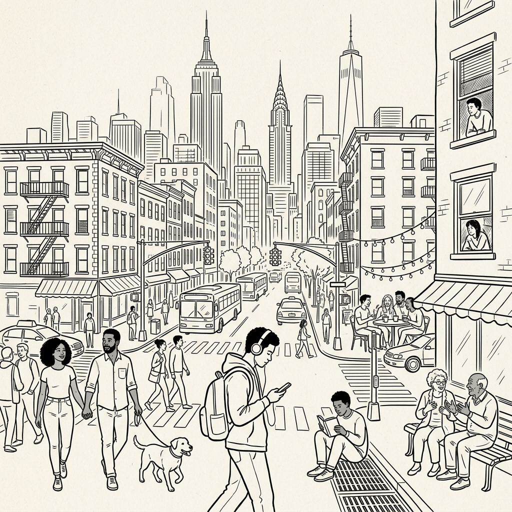 Busy city street with people walking, a man with headphones, friends eating outdoors, and city skyline.