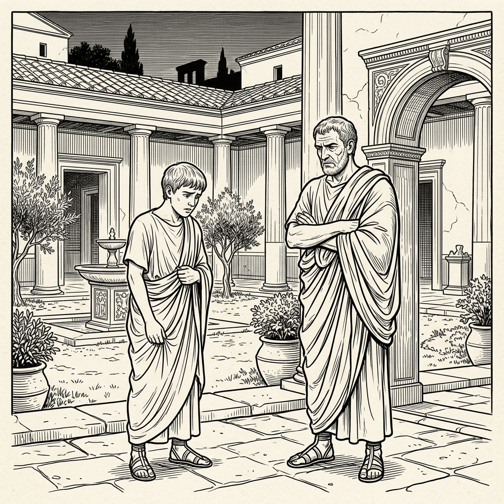 Two men in Roman togas standing in a courtyard with columns and plants