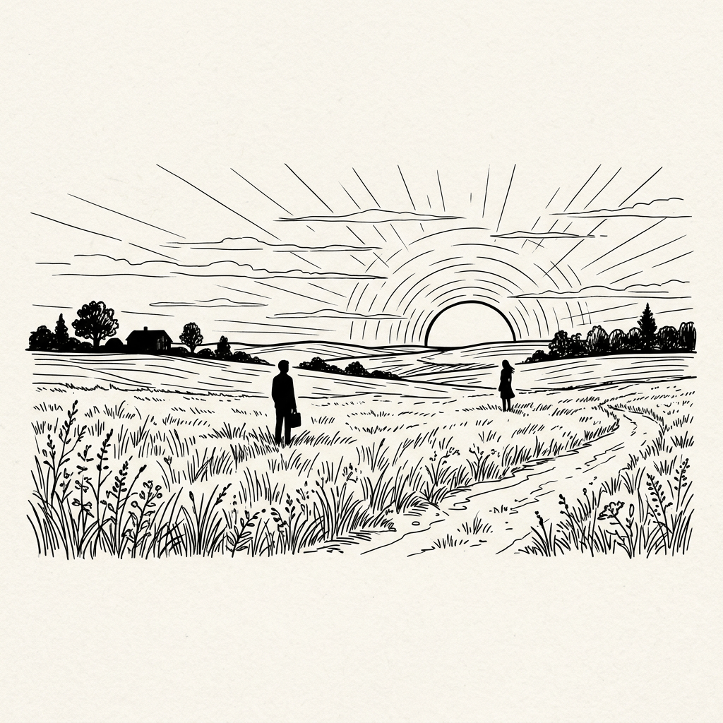 Two silhouettes in a field facing a large setting sun with rays extending outward
