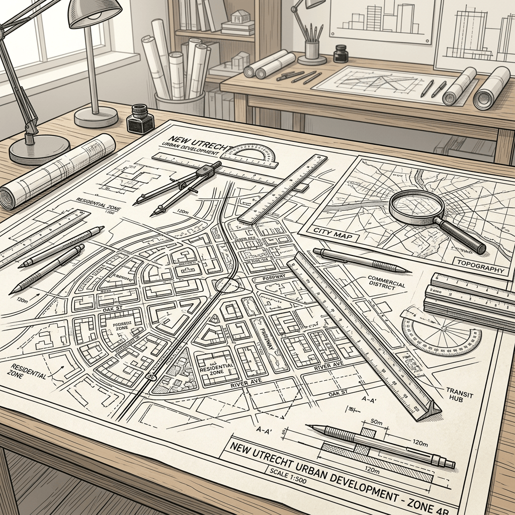 Blueprint of New Utrecht urban development with city map, topography, and drafting tools