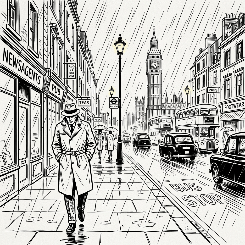 Detective in trench coat walking on rainy London street with Big Ben and vehicles