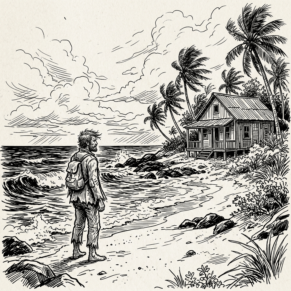 Man with backpack standing barefoot on a beach facing a wooden cabin near palm trees