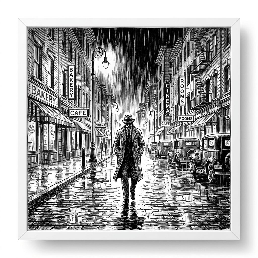 Detective in trench coat and hat walking on rainy cobblestone street between buildings with signs for bakery, cafe, cinema, and rooms
