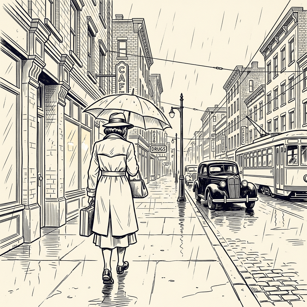 Woman in trench coat holding umbrella walking along rainy city street with vintage cars and streetcar